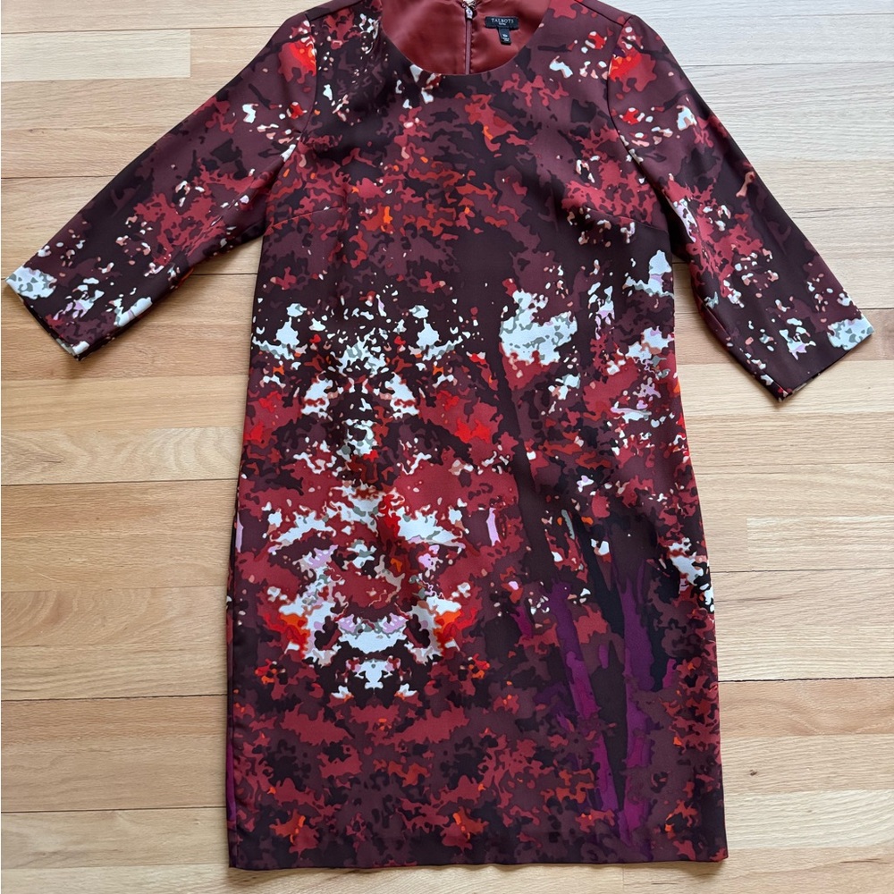 Talbots Red and Brown Abstract Long Sleeve Dress
